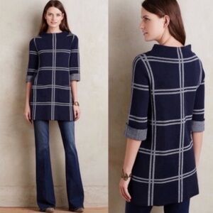 Anthropologie Moth Windowpane Sweater Tunic Mini Dress Wool Blend Navy Sz Large